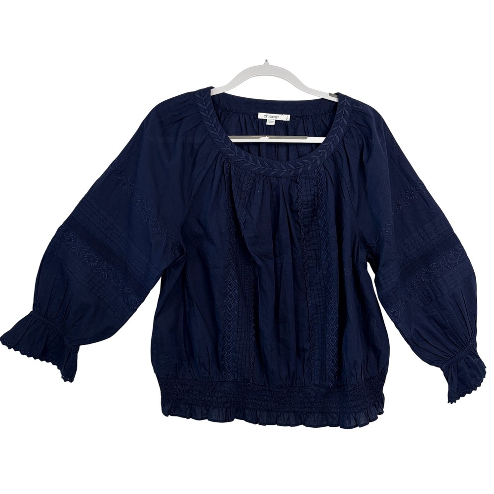 NWOT Chico's Peasant Blouse Size 2 (12) Navy Blue Excellent